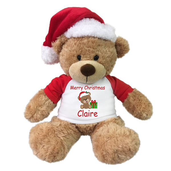 Personalized Christmas Teddy Bear - 13" Tan Bonny Bear with Santa Hat