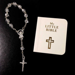 mini rosary and mini bible included with gift set