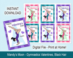 Gymnastics Valentine Cards, Handstand Design - Black Hair - Digital Print at Home Valentines cards, Instant Download