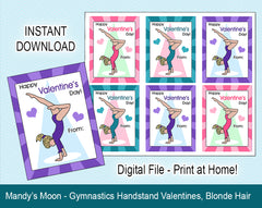 Gymnastics Valentine Cards, Handstand Design - Blonde Hair - Digital Print at Home Valentines cards, Instant Download