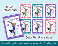 Gymnastics Valentine Cards, Handstand Design - Medium Skin, Curly Black Hair - Digital Print at Home Valentines cards, Instant Download