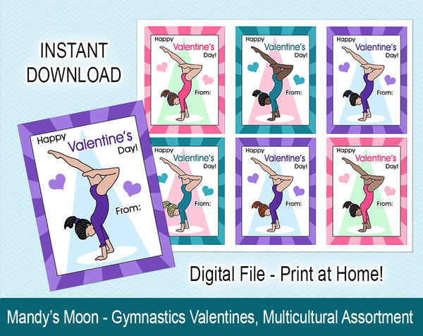 Gymnastics Valentine Cards, Handstand Design - Multicultural assortment -  Digital Print at Home Valentines cards, Instant Download