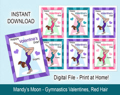 Gymnastics Valentine Cards, Handstand Design - Red Hair - Digital Print at Home Valentines cards, Instant Download