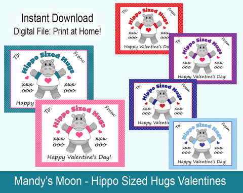 Hippo Sized Hugs Valentine Cards - Digital Print at Home Valentines cards, Instant Download