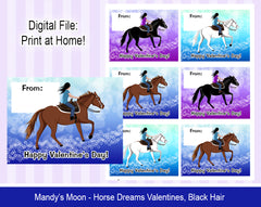 Horse Dreams Valentine Cards - Black Hair -  Digital Print at Home Valentines cards, Instant Download