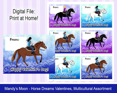 Horse Dreams Valentine Cards - Multicultural Assortment- Digital Print at Home Valentines cards, Instant Download