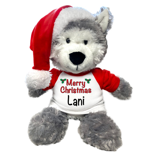 Personalized Christmas Husky / Wolf  - 12" Plush with Santa Hat
