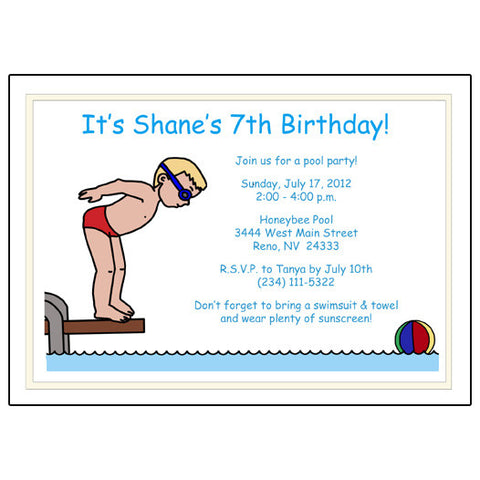 Pool or Swimming Birthday Party Invitation - Boy