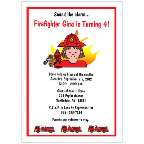 Firefighter Birthday Party Invitation - Girl