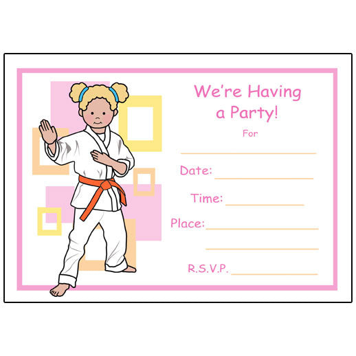 Martial Arts or Karate Kid Fill in the blank Invitations - Girl