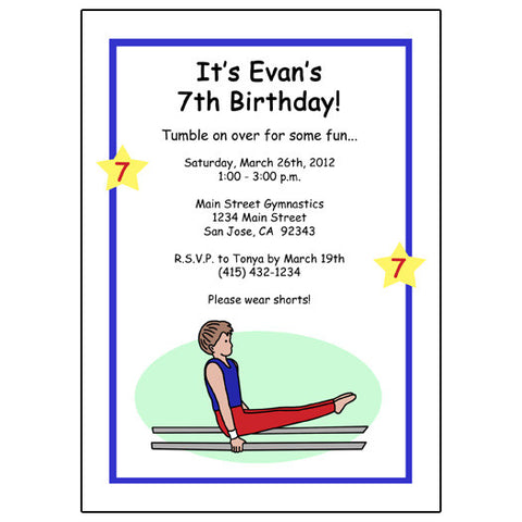 Gymnastics Birthday Party Invitation - Boy