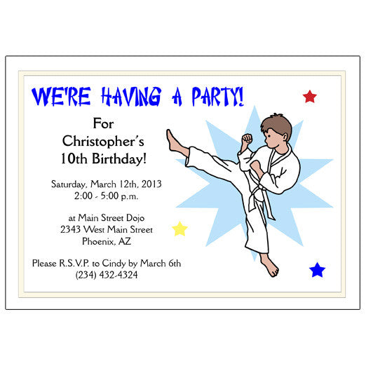 Karate or Martial Arts Boy Birthday Party Invitation - Kick Design