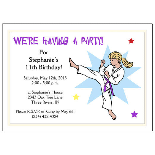 Karate or Martial Arts Girl Birthday Party Invitation - Kick Design