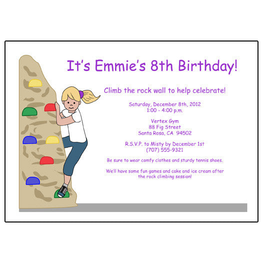 Rock Climbing Birthday Party Invitation - Girl
