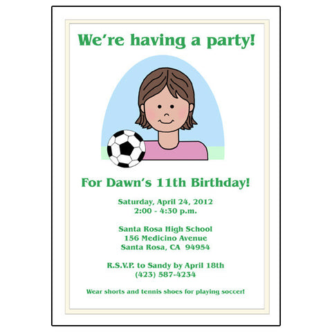 Soccer Kid Birthday Party Invitation - Girl