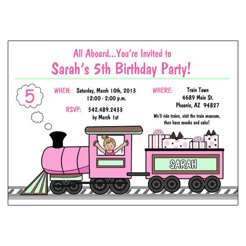 Train Birthday Party Invitations - Girl