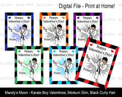 Karate Boy Digital Print at Home Valentines - Medium Skin, Black Curly Hair
