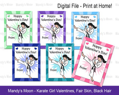 Karate Girl Valentines - Black Hair - Digital file, Print at Home