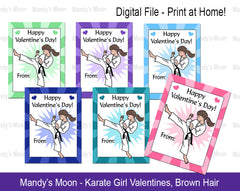 Karate Girl Valentines - Brown Hair - Digital file, Print at Home