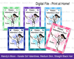 Karate Girl Valentines - Latina, Indian, Medium Skin - Digital file, Print at Home