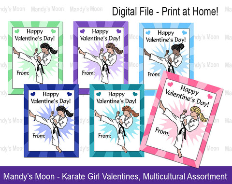 Karate Girl Valentines - Multicultural Assortment - Digital file, Print at Home