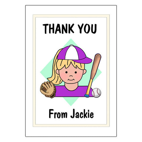 Baseball Kid Thank You Note Cards - Girl