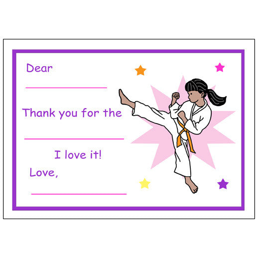Karate or Martial Arts Girl Fill in the Blank Thank You Notes - Kick Design