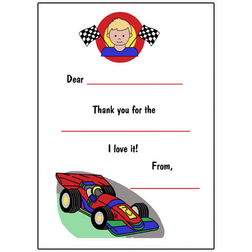 Race Car Fill in the Blank Thank You Notes