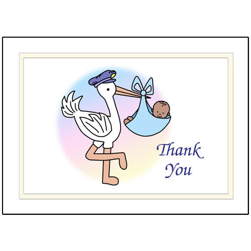 Pastel Stork Baby Boy Birth Thank You Note Cards