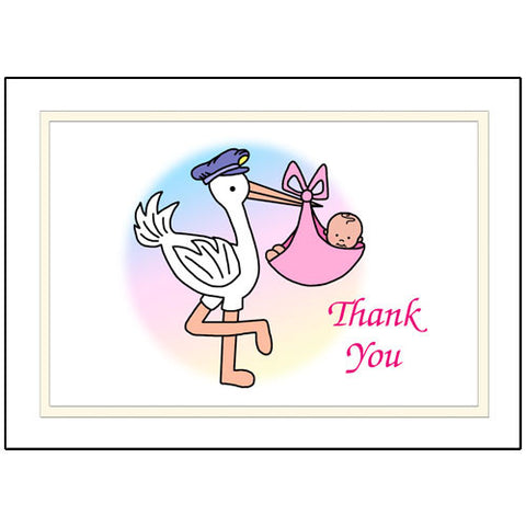 Pastel Stork Baby Girl Birth Thank You Note Cards