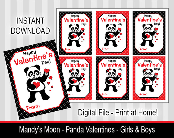 Panda Valentine Cards - Girls and Boys - Digital Print at Home Valentines cards, Instant Download