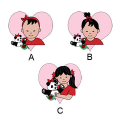 Examples of girls. Girl A is an Asian baby girl with just a little bit of hair. Girl B is an Asian baby girl with a topknot pony tail. Girl C is a young Asian girl with pigtails.