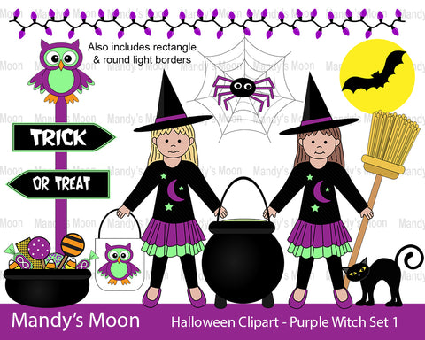 Halloween Purple Witch Girls Clipart Set 1 (Personal & Nonpr