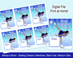 Ice Skating Dreams Valentine Cards - Black Hair, Medium Skin - Digital Print at Home Valentines cards, Instant Download