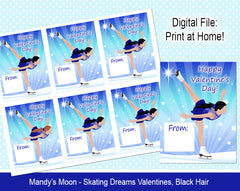 Ice Skating Dreams Valentine Cards - Black Hair - Digital Print at Home Valentines cards, Instant Download