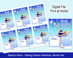 Ice Skating Dreams Valentine Cards - Blonde Hair - Digital Print at Home Valentines cards, Instant Download