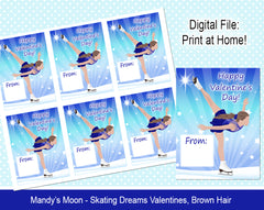 Ice Skating Dreams Valentine Cards - Brown Hair - Digital Print at Home Valentines cards, Instant Download