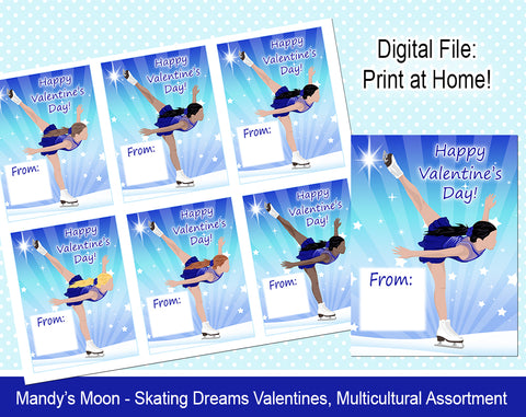Ice Skating Dreams Valentine Cards - Multicultural Assortment - Digital Print at Home Valentines cards, Instant Download