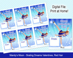 Ice Skating Dreams Valentine Cards - Red Hair - Digital Print at Home Valentines cards, Instant Download