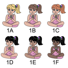 Examples of Girl 1 for sleepover invitation.  1A has fair skin and blonde hair. 1B has fair skin and brown hair. 1C has fair skin and red hair. 1D has fair skin and black hair. 1E has medium skin and black hair. 1F has dark skin and black hair.  All girls are sitting cross-legged, dressed in pink, holding an ipod.