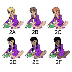 Examples of Girl 2 for sleepover invitation.  2A has fair skin and blonde hair. 2B has fair skin and brown hair. 2C has fair skin and red hair. 2D has fair skin and black hair. 2E has medium skin and black hair. 2F has dark skin and black hair.  All girls are dressed in purple, holding a bowl of popcorn.