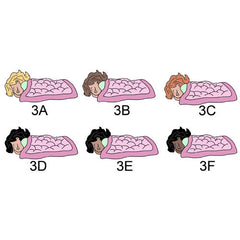 Examples of Girl 3 for sleepover invitation.  3A has fair skin and blonde hair. 3B has fair skin and brown hair. 3C has fair skin and red hair. 3D has fair skin and black hair. 3E has medium skin and black hair. 3F has dark skin and black hair.  All girls are sleeping in a pink sleeping bag.