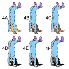 Examples of Girl 4 for sleepover invitation.  4A has fair skin and blonde hair. 4B has fair skin and brown hair. 4C has fair skin and red hair. 4D has fair skin and black hair. 4E has medium skin and black hair. 4F has dark skin and black hair.  All girls are dressed in blue pajamas, doing a handstand.