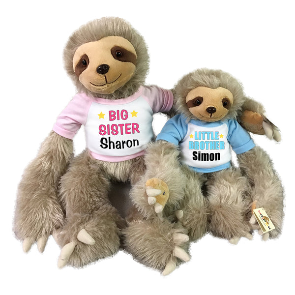 Big Sister / Little Brother Personalized stuffed Sloths - Set of 2 Tan sloths, 18" and 12"