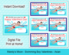 Swimming Boy Valentine Cards - Asian - Digital Print at Home Valentines cards, Instant Download