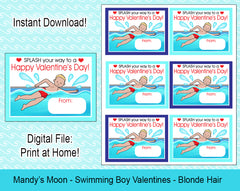 Swimming Boy Valentine Cards - Blonde Hair - Digital Print at Home Valentines cards, Instant Download