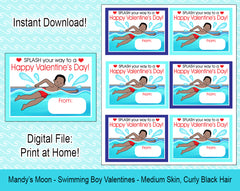 Swimming Boy Valentine Cards - Medium Skin, Black Curly Hair -  Digital Print at Home Valentines cards, Instant Download