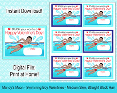 Swimming Boy Valentine Cards - Medium Skin, Straight Black Hair - Digital Print at Home Valentines cards, Instant Download