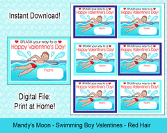 Swimming Boy Valentine Cards - Red Hair - Digital Print at Home Valentines cards, Instant Download