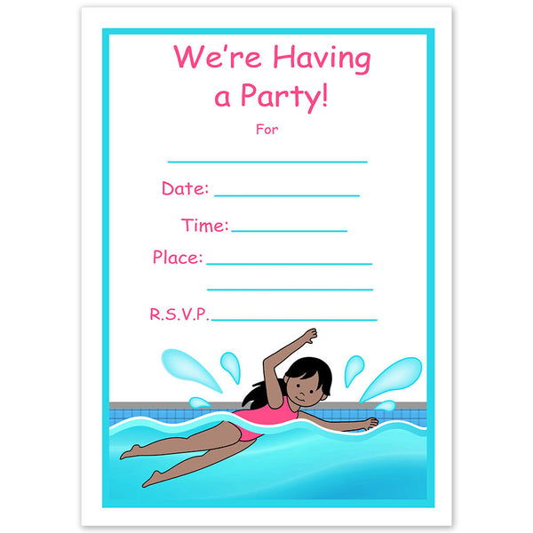 Swimming Girl Fill In the Blank Birthday Party Invitations